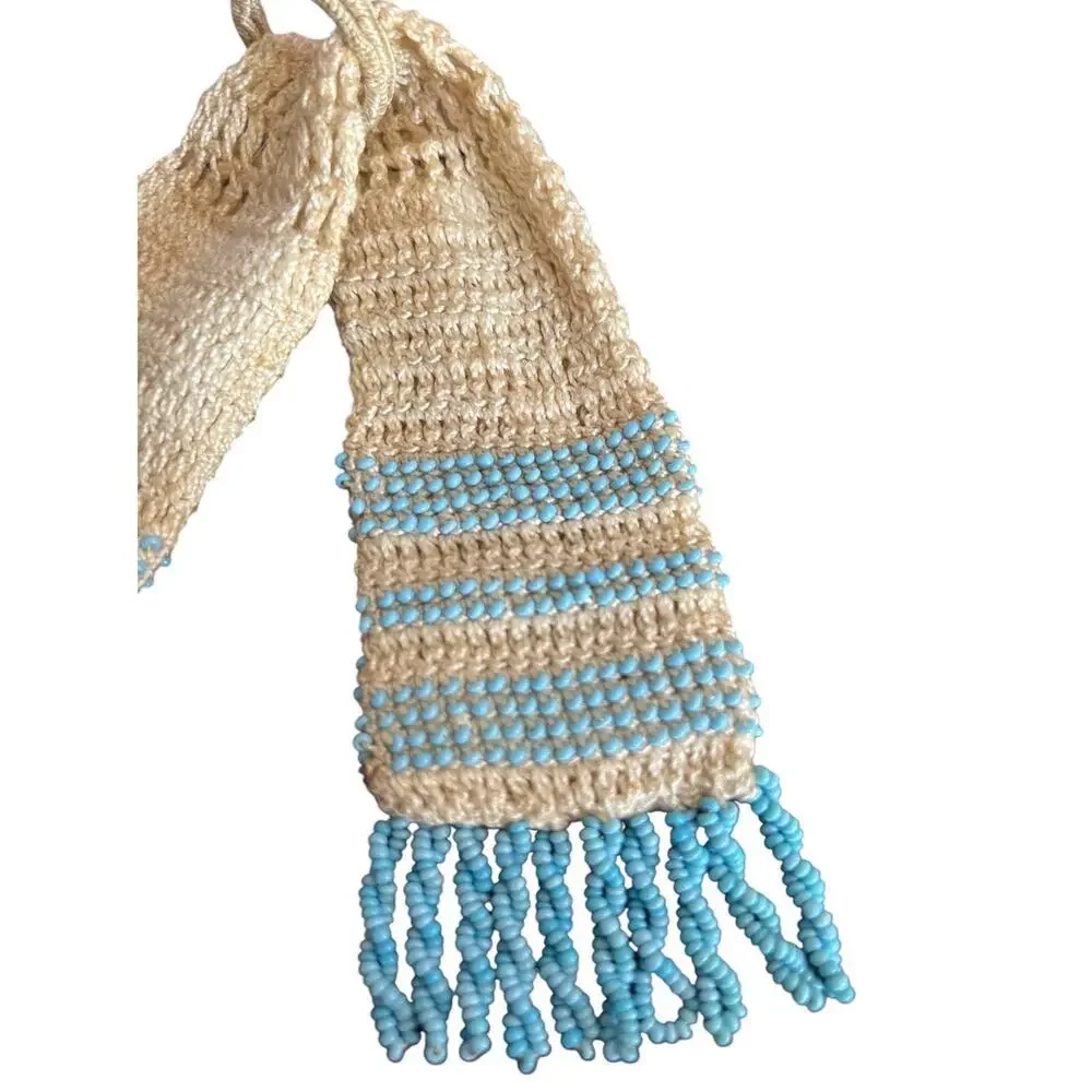 Victorian Edwardian Beaded Crochet Miser’s Purse with Blue Bead Fringe